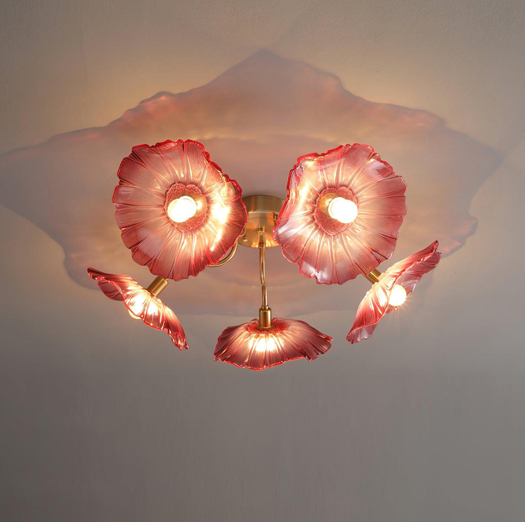 Glas-Deckenlampe mit Blattmotiv | 3, 5 oder 6 Lichtpunkte | Goldene Fassung mit Klarem oder Rosa Mattglas - Lamylie
