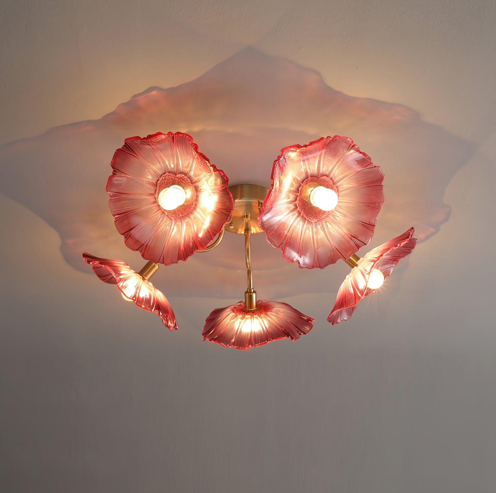 Glas-Deckenlampe mit Blattmotiv | 3, 5 oder 6 Lichtpunkte | Goldene Fassung mit Klarem oder Rosa Mattglas - Lamylie