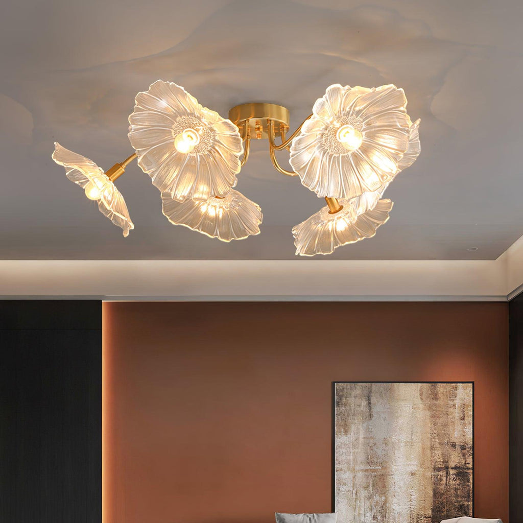 Glas-Deckenlampe mit Blattmotiv | 3, 5 oder 6 Lichtpunkte | Goldene Fassung mit Klarem oder Rosa Mattglas - Lamylie