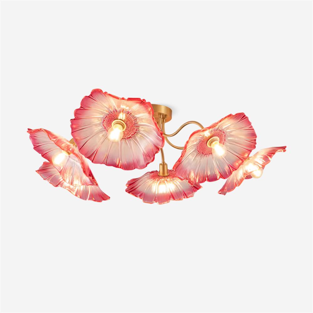 Glas-Deckenlampe mit Blattmotiv | 3, 5 oder 6 Lichtpunkte | Goldene Fassung mit Klarem oder Rosa Mattglas - Lamylie
