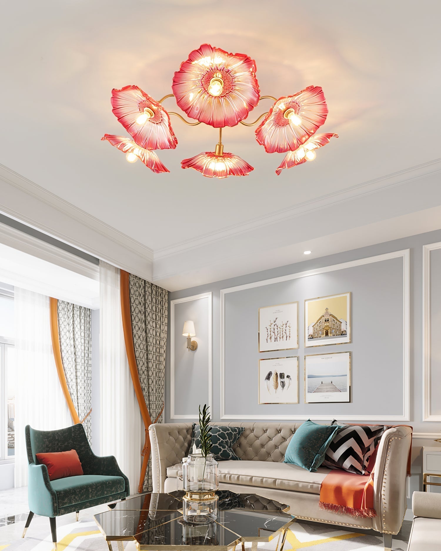 Glas-Deckenlampe mit Blattmotiv | 3, 5 oder 6 Lichtpunkte | Goldene Fassung mit Klarem oder Rosa Mattglas - Lamylie