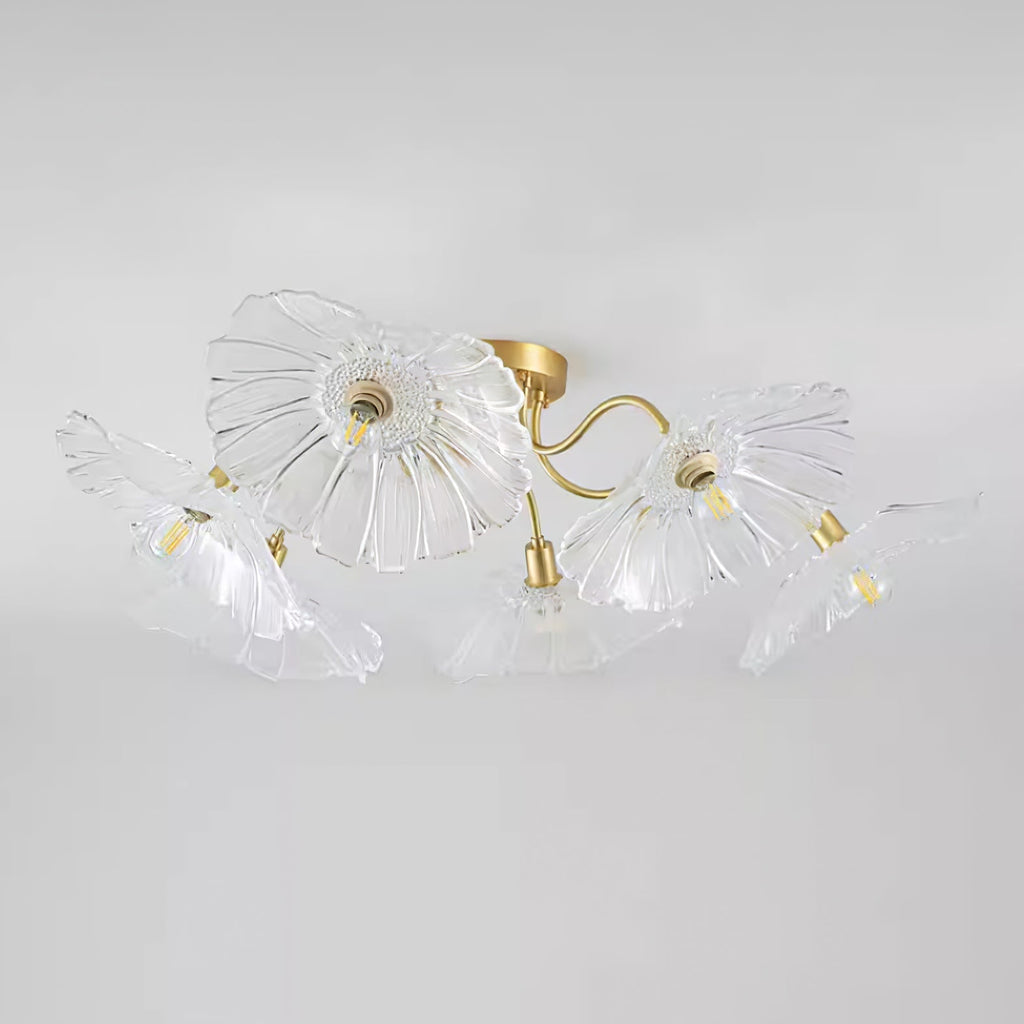 Glas-Deckenlampe mit Blattmotiv | 3, 5 oder 6 Lichtpunkte | Goldene Fassung mit Klarem oder Rosa Mattglas - Lamylie