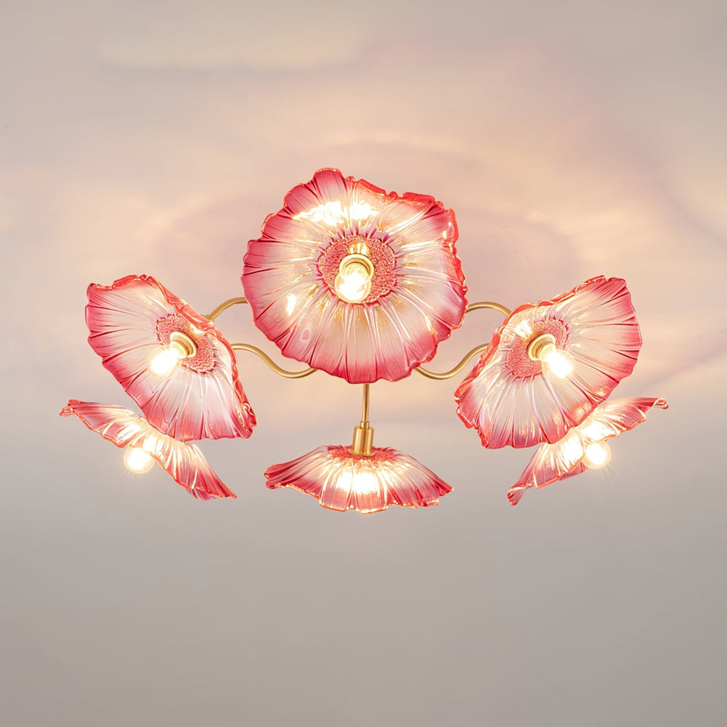 Glas-Deckenlampe mit Blattmotiv | 3, 5 oder 6 Lichtpunkte | Goldene Fassung mit Klarem oder Rosa Mattglas - Lamylie