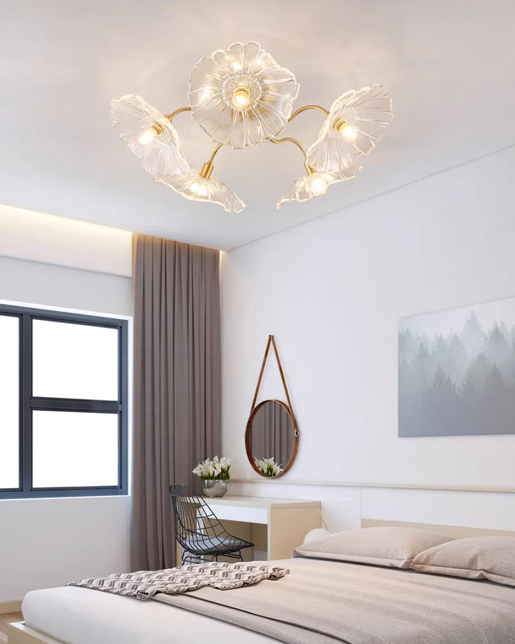 Glas-Deckenlampe mit Blattmotiv | 3, 5 oder 6 Lichtpunkte | Goldene Fassung mit Klarem oder Rosa Mattglas - Lamylie