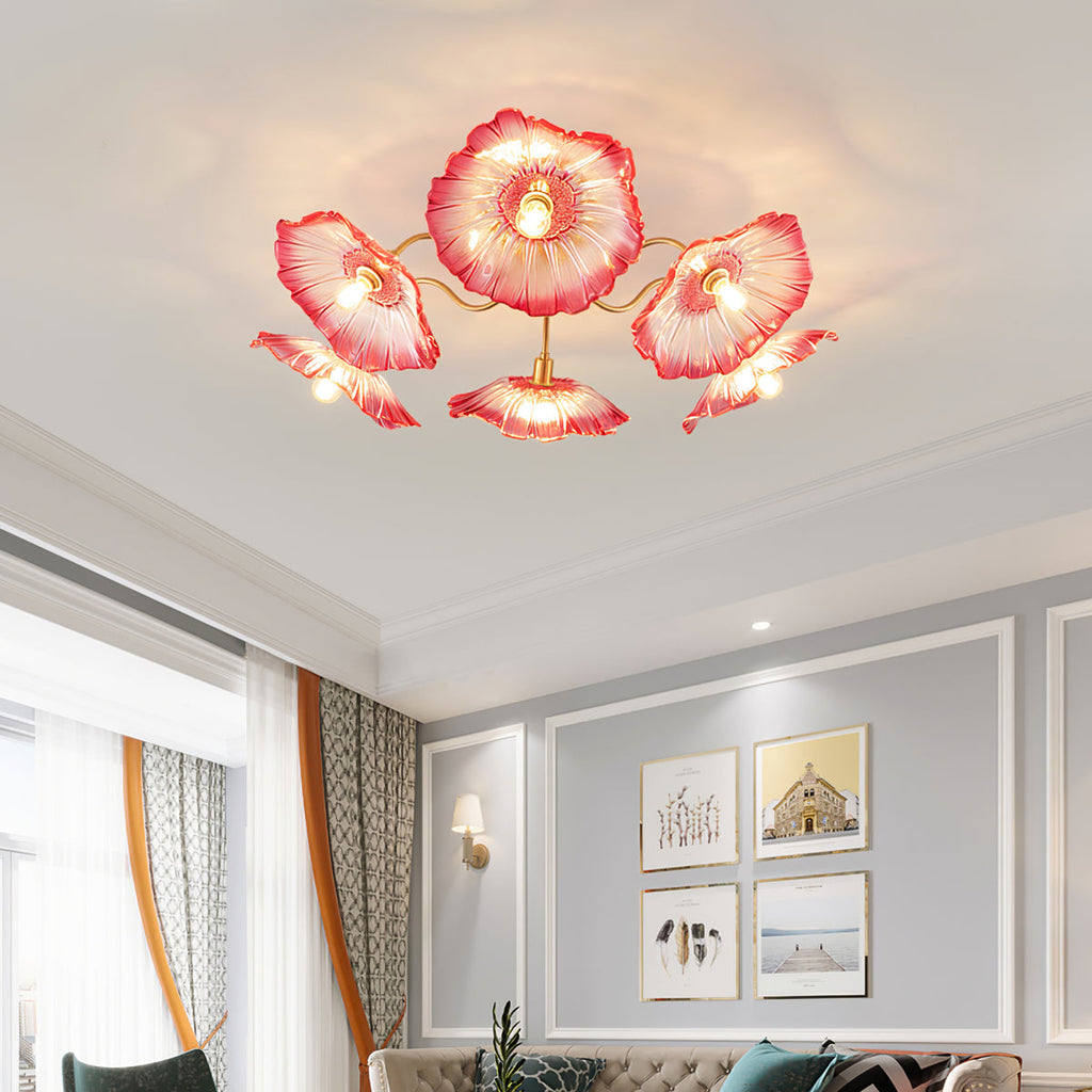 Glas-Deckenlampe mit Blattmotiv | 3, 5 oder 6 Lichtpunkte | Goldene Fassung mit Klarem oder Rosa Mattglas - Lamylie