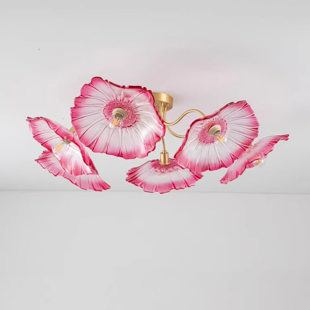 Glas-Deckenlampe mit Blattmotiv | 3, 5 oder 6 Lichtpunkte | Goldene Fassung mit Klarem oder Rosa Mattglas - Lamylie