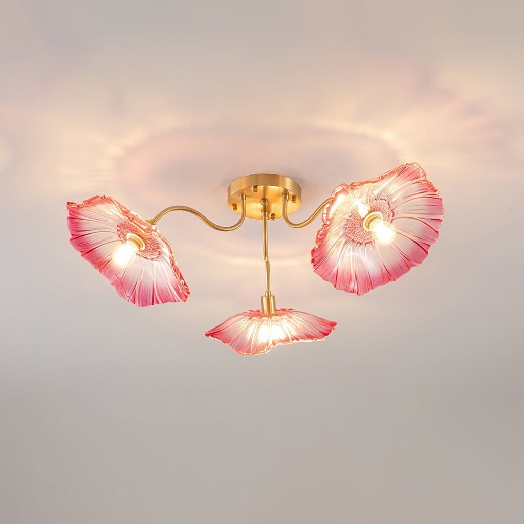 Glas-Deckenlampe mit Blattmotiv | 3, 5 oder 6 Lichtpunkte | Goldene Fassung mit Klarem oder Rosa Mattglas - Lamylie
