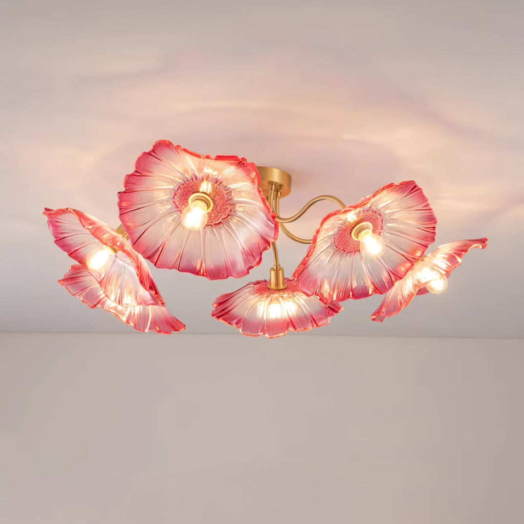 Glas-Deckenlampe mit Blattmotiv | 3, 5 oder 6 Lichtpunkte | Goldene Fassung mit Klarem oder Rosa Mattglas - Lamylie