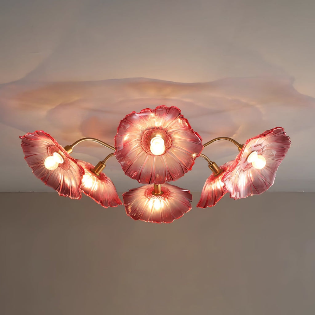 Glas-Deckenlampe mit Blattmotiv | 3, 5 oder 6 Lichtpunkte | Goldene Fassung mit Klarem oder Rosa Mattglas - Lamylie