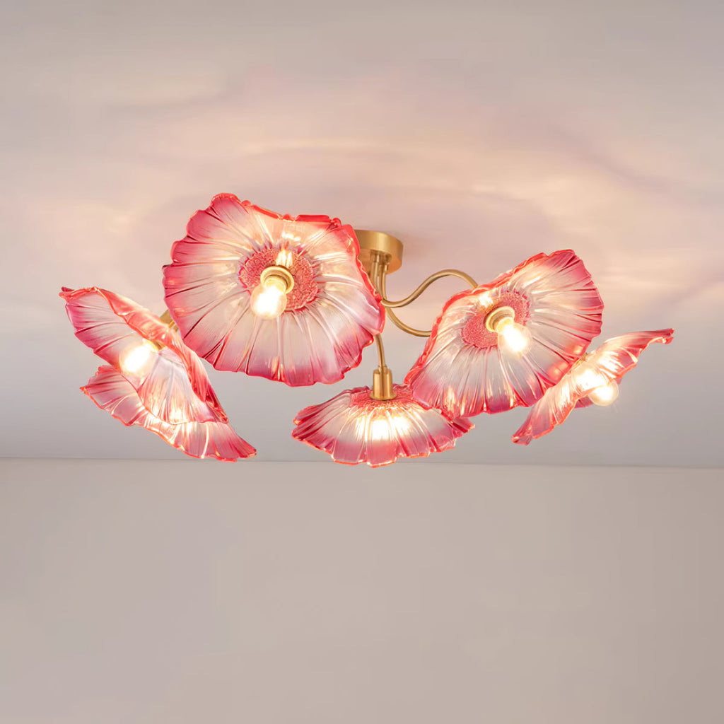 Glas-Deckenlampe mit Blattmotiv | 3, 5 oder 6 Lichtpunkte | Goldene Fassung mit Klarem oder Rosa Mattglas - Lamylie