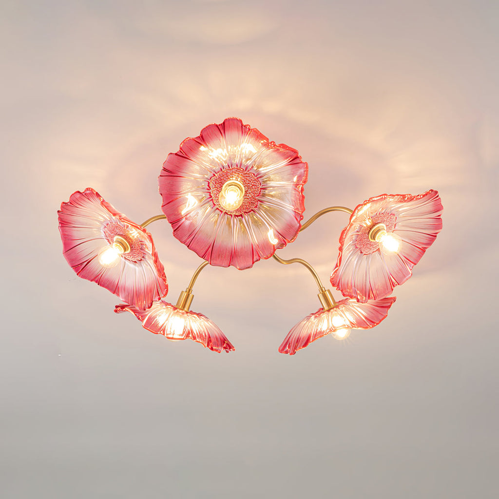 Glas-Deckenlampe mit Blattmotiv | 3, 5 oder 6 Lichtpunkte | Goldene Fassung mit Klarem oder Rosa Mattglas - Lamylie