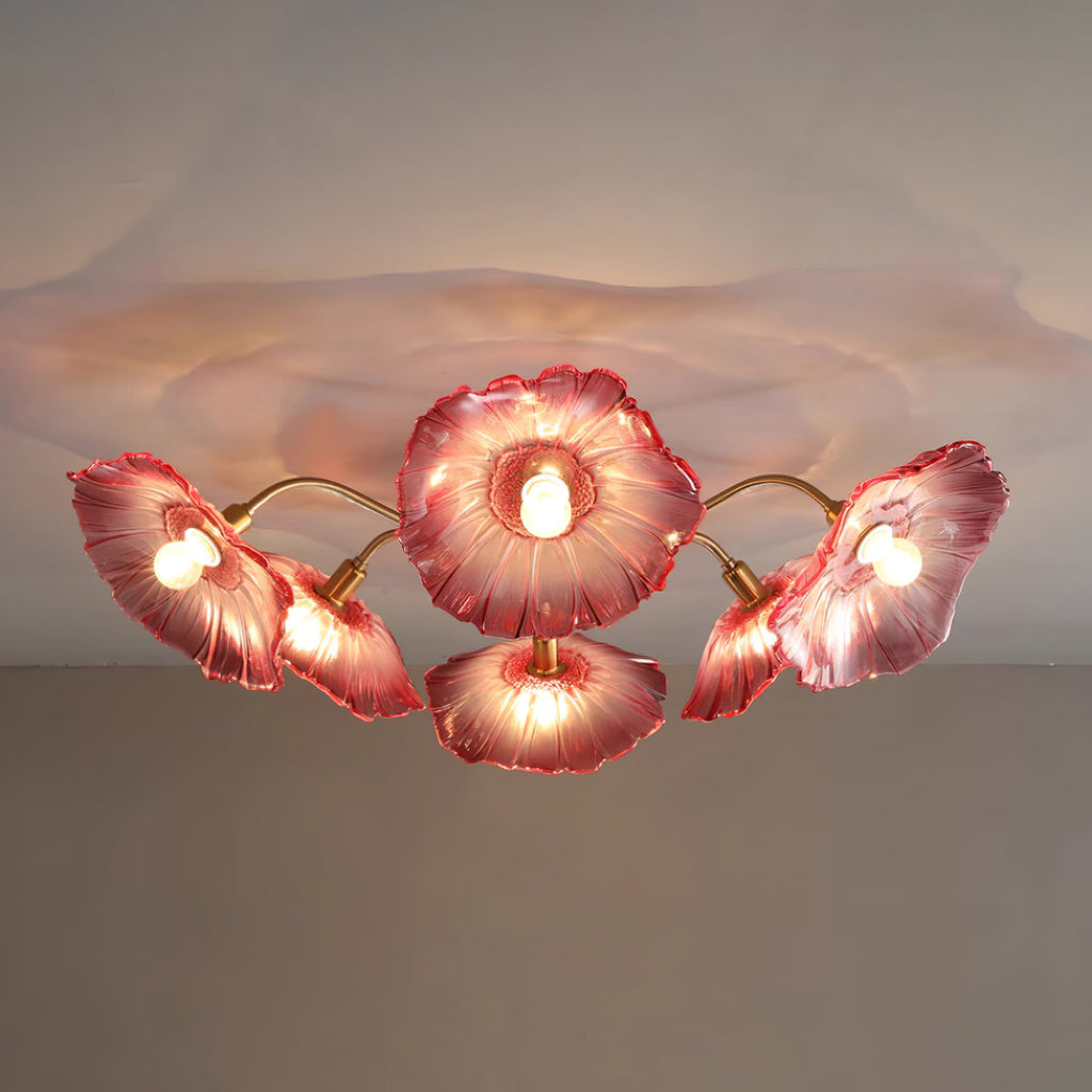 Glas-Deckenlampe mit Blattmotiv | 3, 5 oder 6 Lichtpunkte | Goldene Fassung mit Klarem oder Rosa Mattglas - Lamylie
