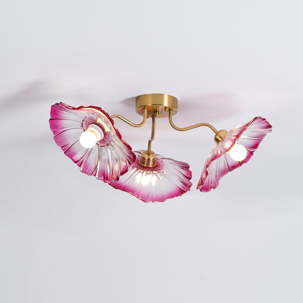 Glas-Deckenlampe mit Blattmotiv | 3, 5 oder 6 Lichtpunkte | Goldene Fassung mit Klarem oder Rosa Mattglas - Lamylie