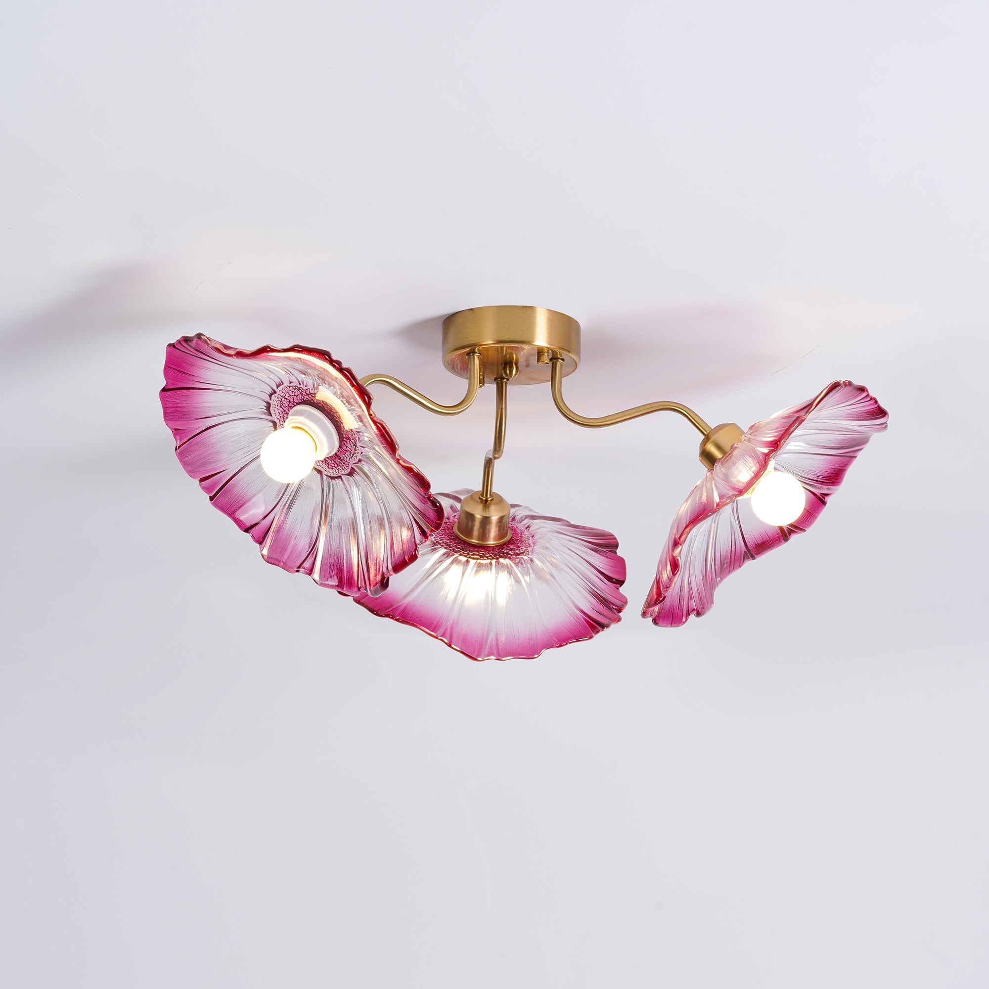 Glas-Deckenlampe mit Blattmotiv | 3, 5 oder 6 Lichtpunkte | Goldene Fassung mit Klarem oder Rosa Mattglas - Lamylie