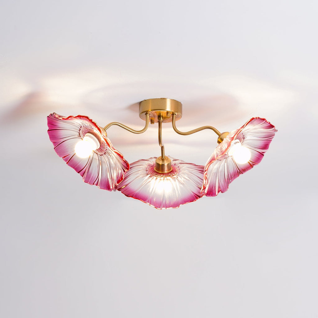 Glas-Deckenlampe mit Blattmotiv | 3, 5 oder 6 Lichtpunkte | Goldene Fassung mit Klarem oder Rosa Mattglas - Lamylie