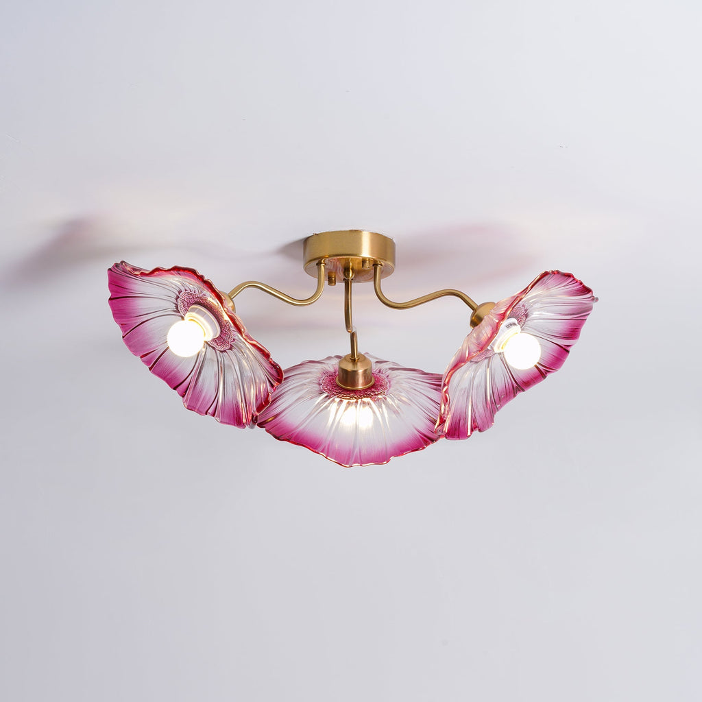 Glas-Deckenlampe mit Blattmotiv | 3, 5 oder 6 Lichtpunkte | Goldene Fassung mit Klarem oder Rosa Mattglas - Lamylie