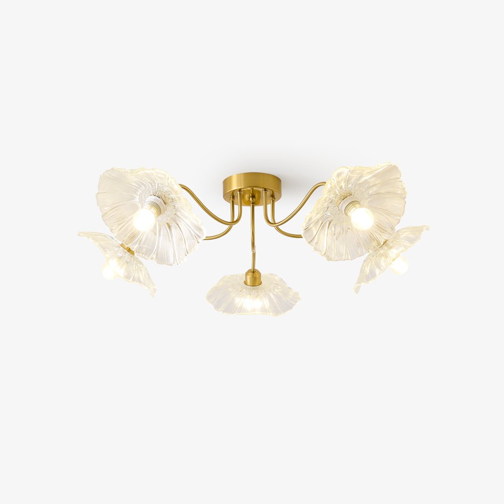 Glas-Deckenlampe mit Blattmotiv | 3, 5 oder 6 Lichtpunkte | Goldene Fassung mit Klarem oder Rosa Mattglas - Lamylie