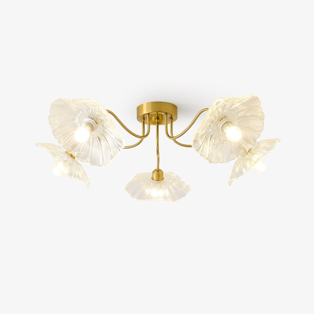 Glas-Deckenlampe mit Blattmotiv | 3, 5 oder 6 Lichtpunkte | Goldene Fassung mit Klarem oder Rosa Mattglas - Lamylie