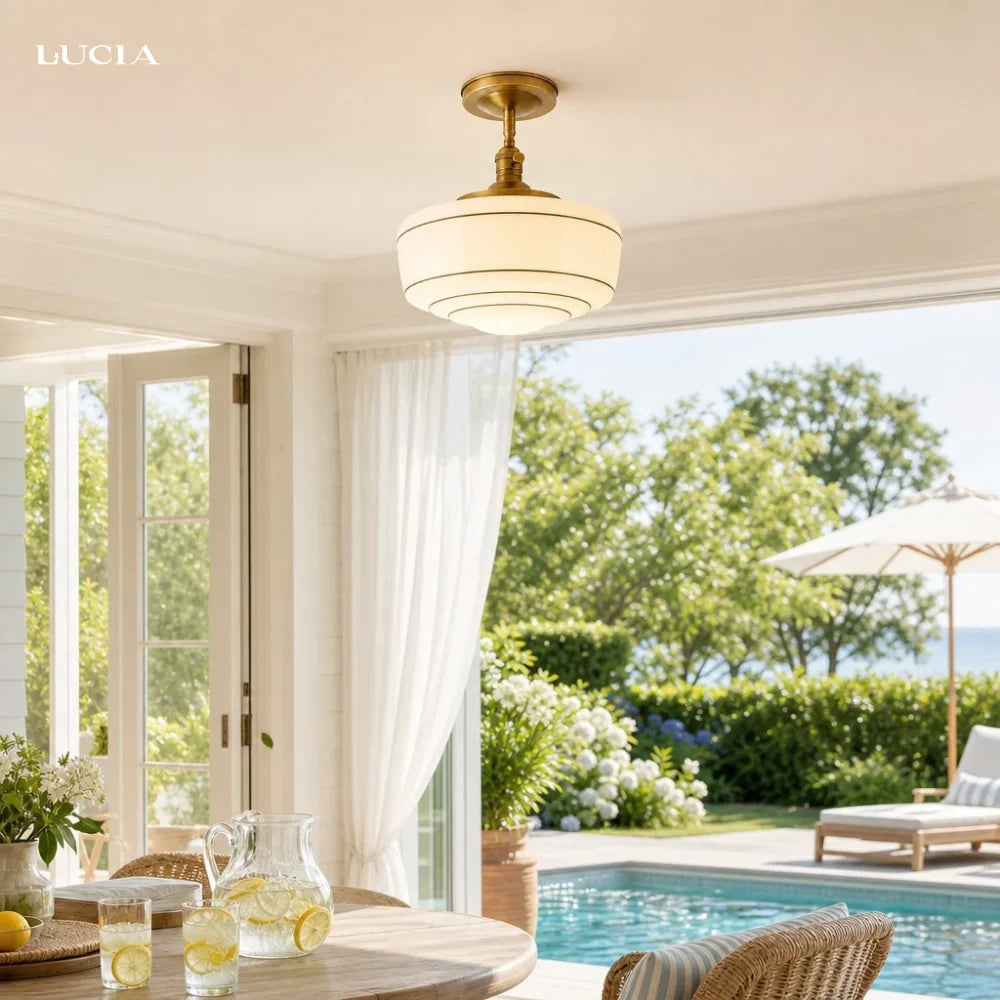 Round Ceiling Lamp with Striped Glass Shade and Brass Fitting | Scandinavian Flush Mount Lighting - Lamylie