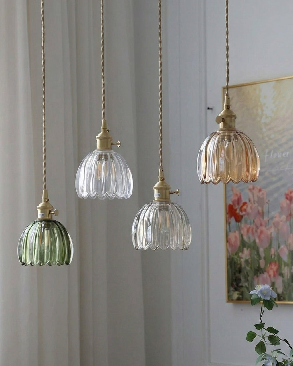 MAREN Pendant Lamp | Japanese Flower-Shaped Glass Lamp with Soft Diffuse Light | Available in Green, Transparent, Amber, and Smoke Gray | Ø12cm x H18cm - Lamylie