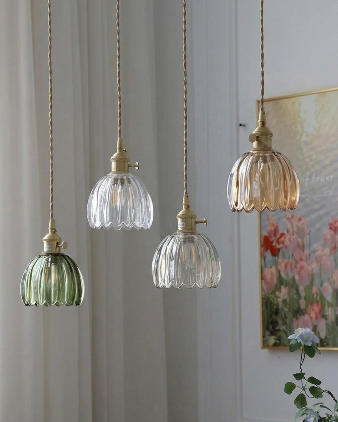 MAREN Pendant Lamp | Japanese Flower-Shaped Glass Lamp with Soft Diffuse Light | Available in Green, Transparent, Amber, and Smoke Gray | Ø12cm x H18cm - Lamylie