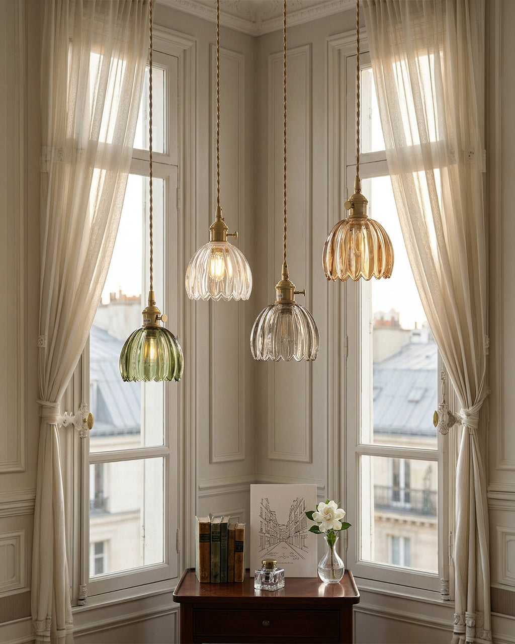 MAREN Pendant Lamp | Japanese Flower-Shaped Glass Lamp with Soft Diffuse Light | Available in Green, Transparent, Amber, and Smoke Gray | Ø12cm x H18cm - Lamylie