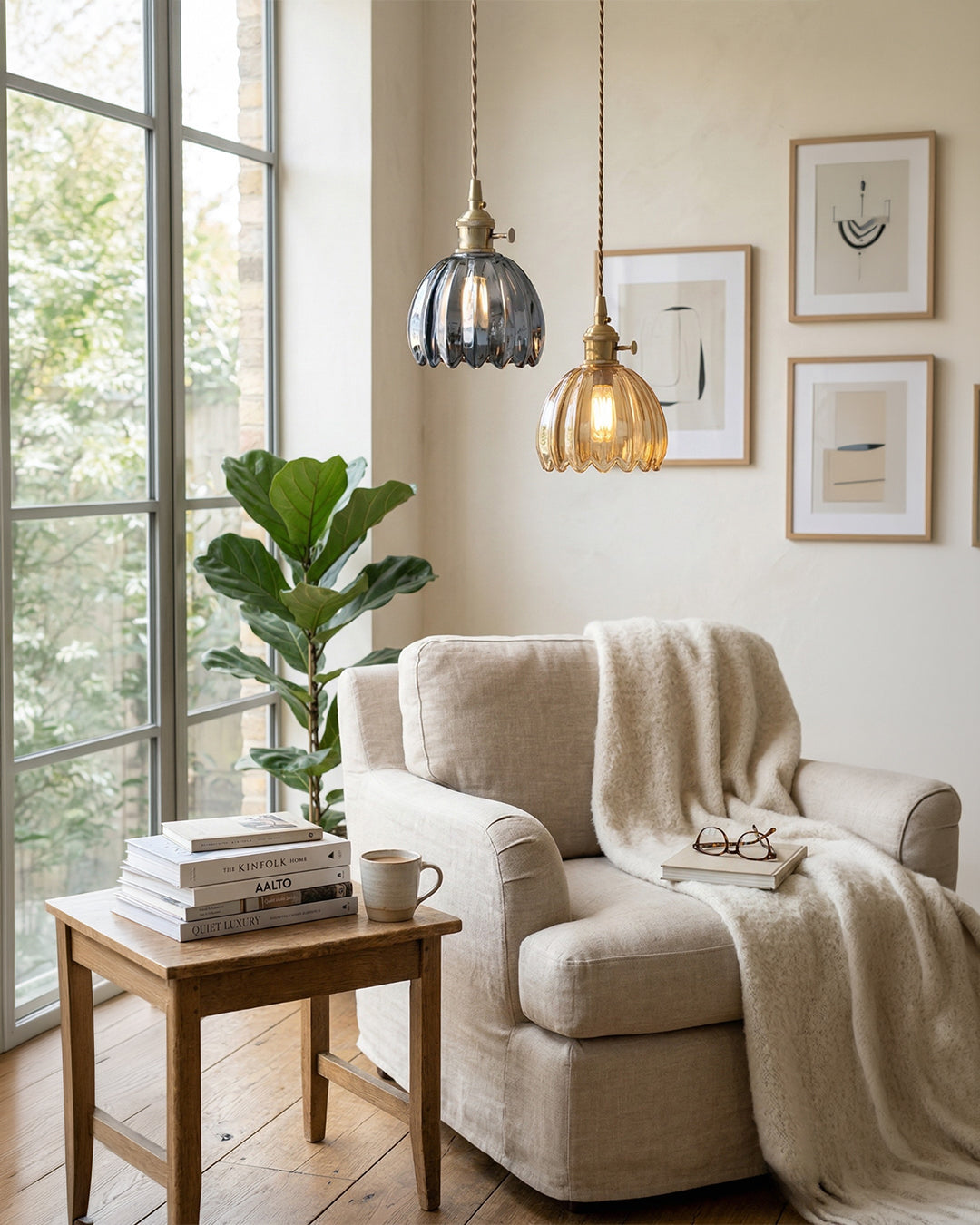 MAREN Pendant Lamp | Japanese Flower-Shaped Glass Lamp with Soft Diffuse Light | Available in Green, Transparent, Amber, and Smoke Gray | Ø12cm x H18cm - Lamylie