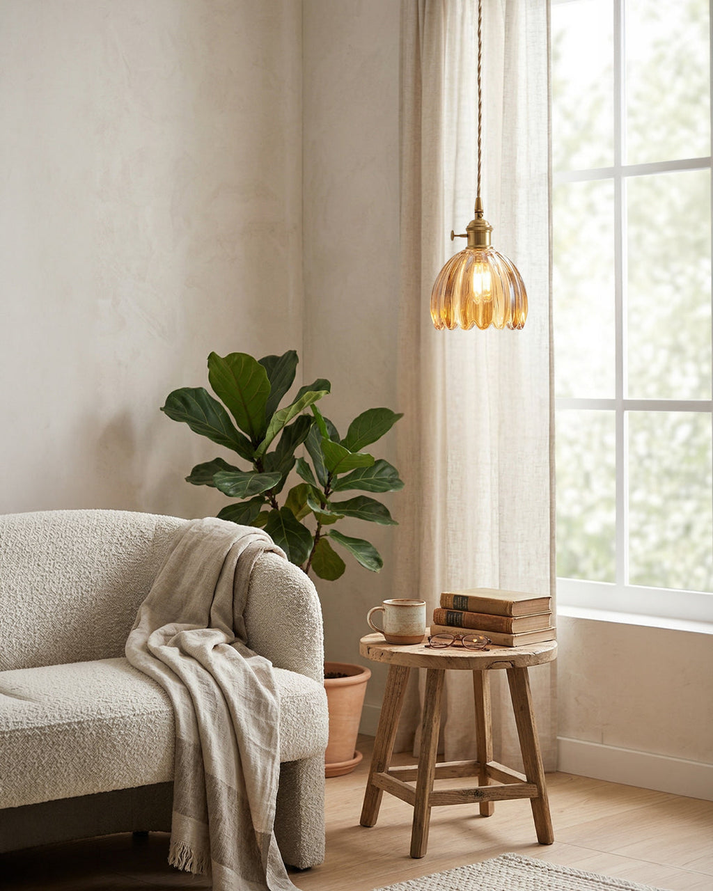 MAREN Pendant Lamp | Japanese Flower-Shaped Glass Lamp with Soft Diffuse Light | Available in Green, Transparent, Amber, and Smoke Gray | Ø12cm x H18cm - Lamylie
