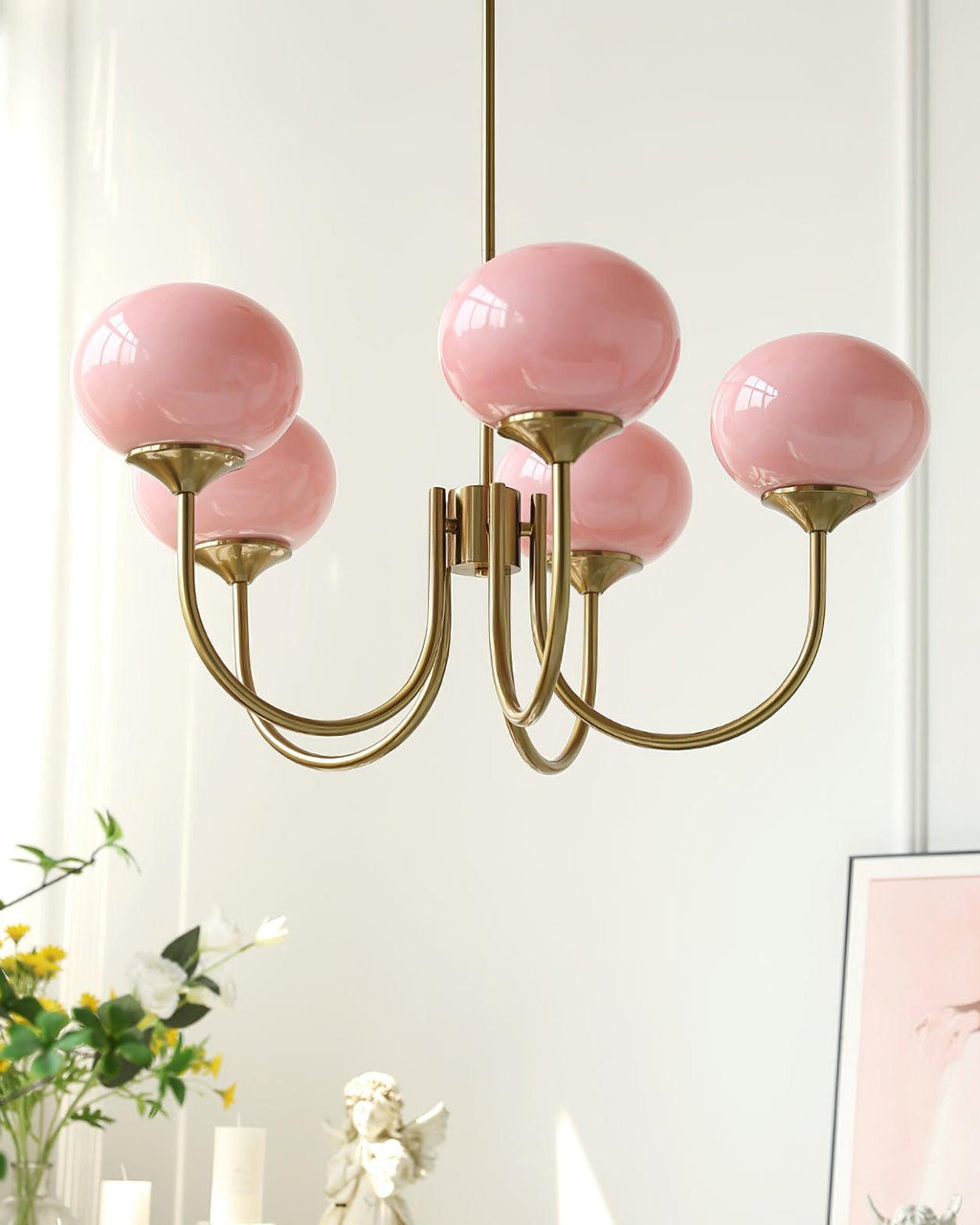 Mid-Century Glass Chandelier with Globe Shades and Polished Metal Finish | Available in Copper and Chrome with Colored Glass | 3 or 5 Arms with Adjustable Rod System - Lamylie