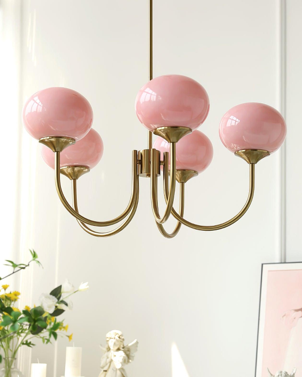 Mid-Century Glass Chandelier with Globe Shades and Polished Metal Finish | Available in Copper and Chrome with Colored Glass | 3 or 5 Arms with Adjustable Rod System - Lamylie