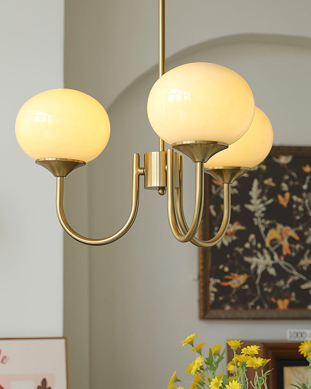 Mid-Century Glass Chandelier with Globe Shades and Polished Metal Finish | Available in Copper and Chrome with Colored Glass | 3 or 5 Arms with Adjustable Rod System - Lamylie