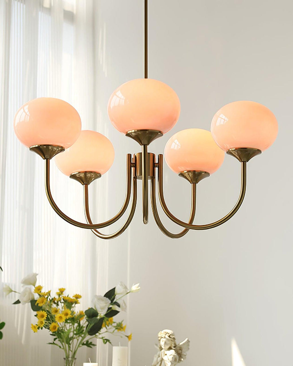 Mid-Century Glass Chandelier with Globe Shades and Polished Metal Finish | Available in Copper and Chrome with Colored Glass | 3 or 5 Arms with Adjustable Rod System - Lamylie
