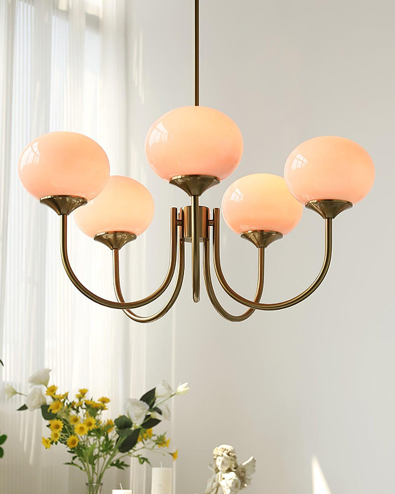 Mid-Century Glass Chandelier with Globe Shades and Polished Metal Finish | Available in Copper and Chrome with Colored Glass | 3 or 5 Arms with Adjustable Rod System - Lamylie