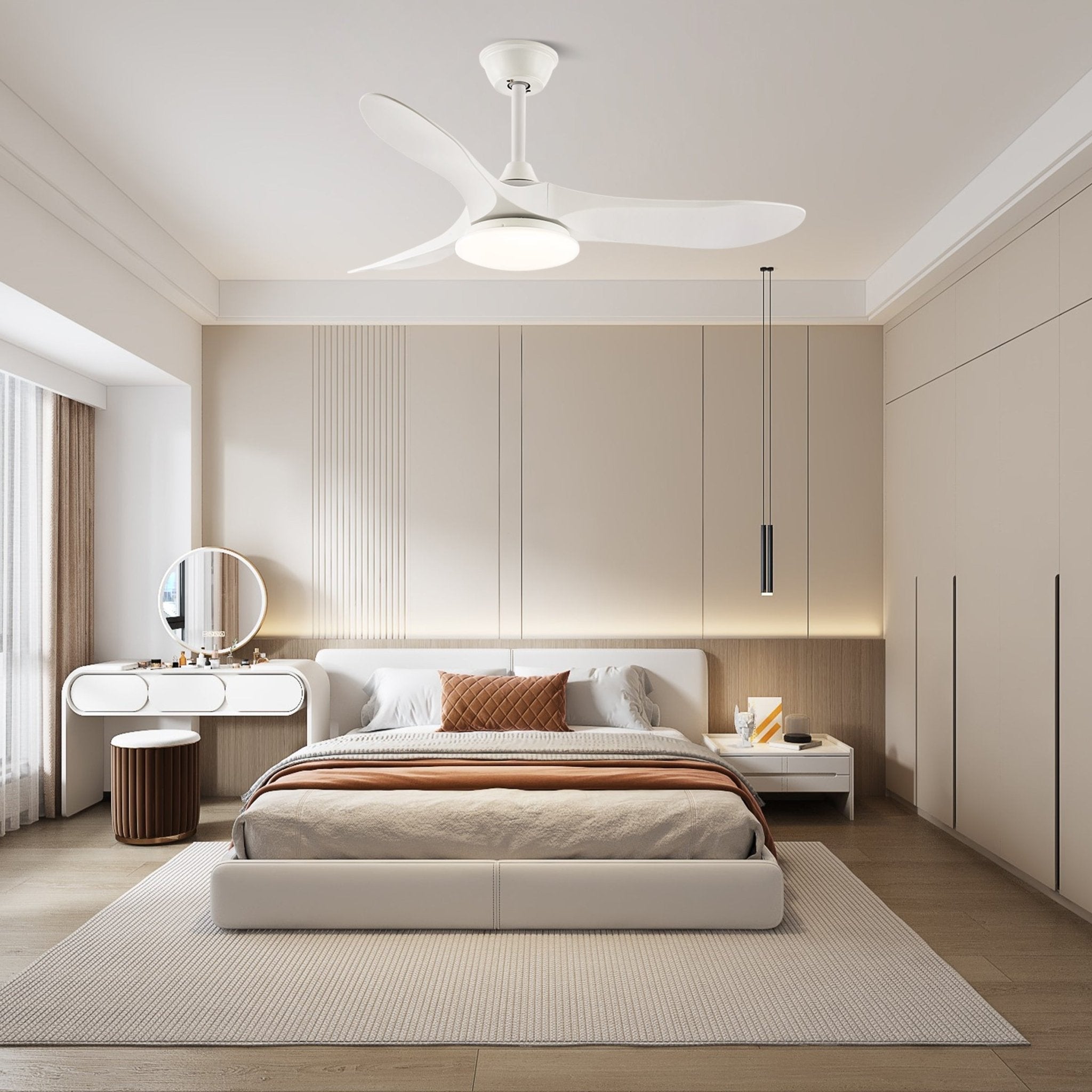 Ventilator de tavan scandinav cu iluminare | Ventilator modern cu LED | Telecomandă și 6 viteze | Negru, alb, aspect de lemn | Pentru dormitor și living | 106/132 cm - Lamylie