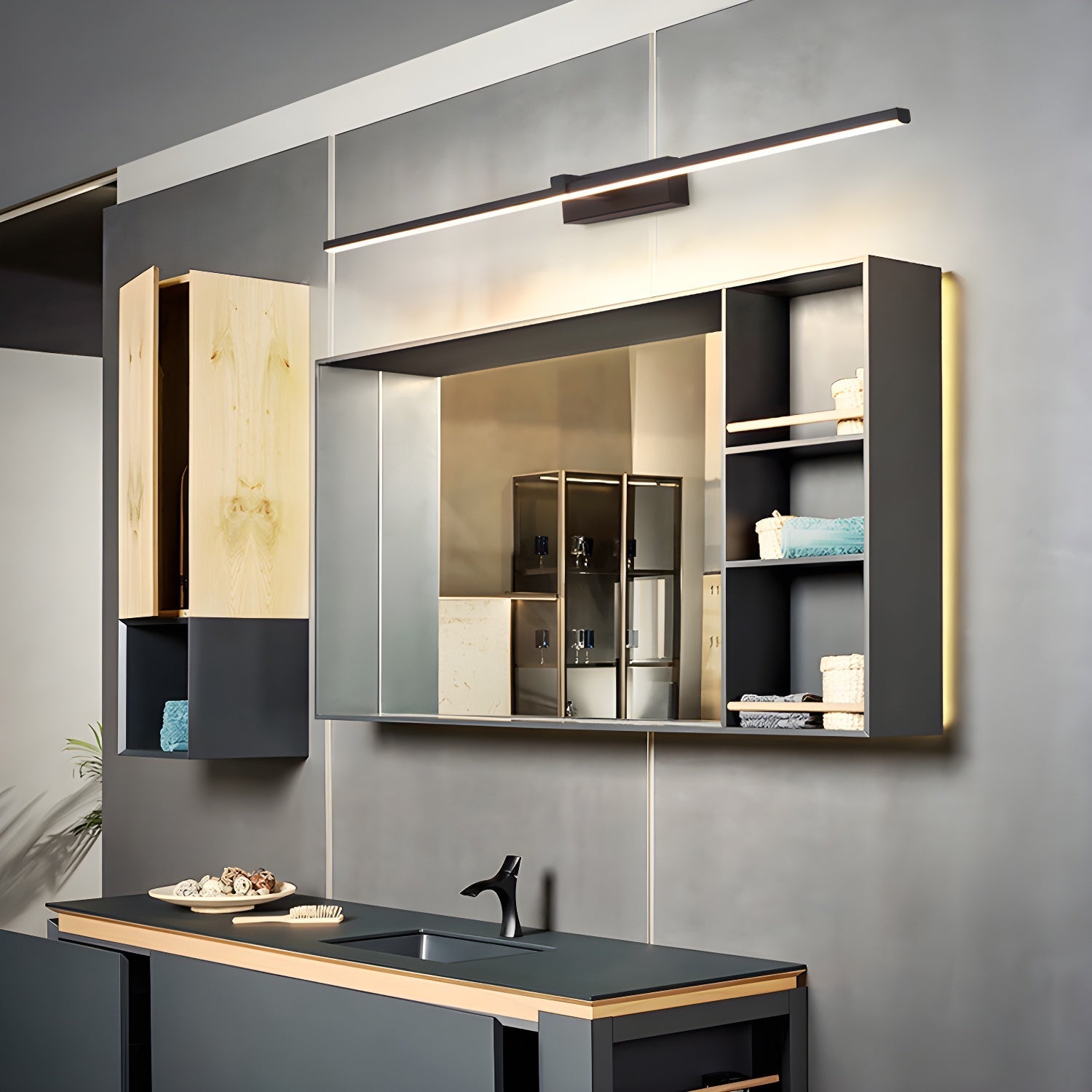 Linear Mirror Lighting Metal | Integrated LED Wall Lamp in Black | 3 Lengths - Lamylie