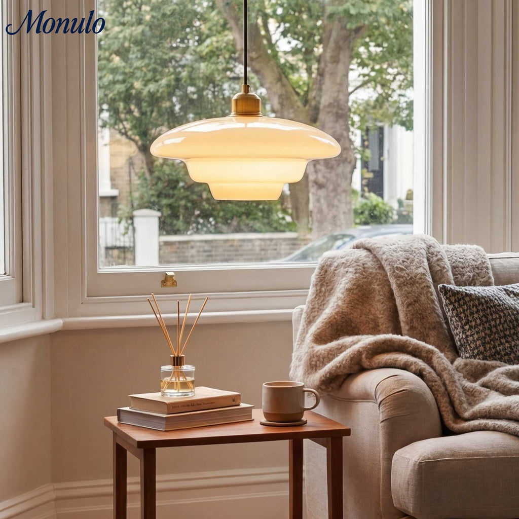 Glas-Pendelleuchte mit geschichtetem Design | Milchig weißes mattiertes Glas für Esszimmer und Wohnzimmer - Lamylie