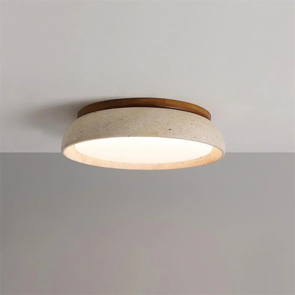 Scandinavian Ceiling Lamp Travertine with Wood Accent — Modern Round Surface-Mounted Spot Natural Stone and Acrylic Built-in LED Lighting Warm White 3000K Bedroom Hallway Entrance Living Room — Ø 30 cm × H 7 cm - Lamylie