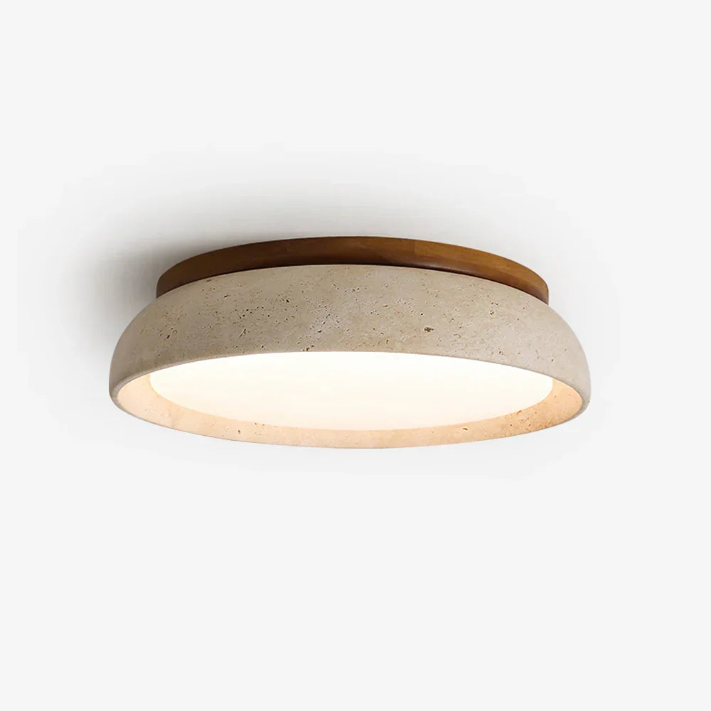 Scandinavian Ceiling Lamp Travertine with Wood Accent — Modern Round Surface-Mounted Spot Natural Stone and Acrylic Built-in LED Lighting Warm White 3000K Bedroom Hallway Entrance Living Room — Ø 30 cm × H 7 cm - Lamylie