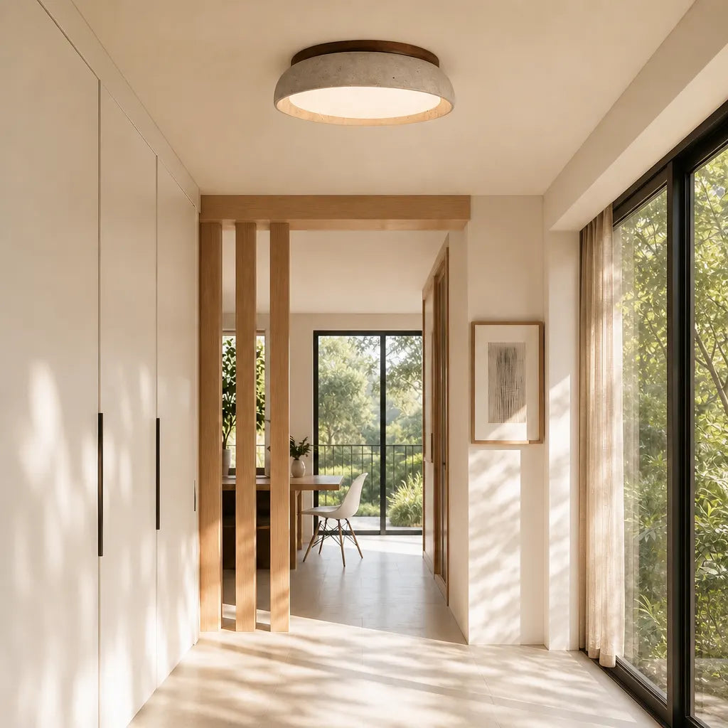 Scandinavian Ceiling Lamp Travertine with Wood Accent — Modern Round Surface-Mounted Spot Natural Stone and Acrylic Built-in LED Lighting Warm White 3000K Bedroom Hallway Entrance Living Room — Ø 30 cm × H 7 cm - Lamylie