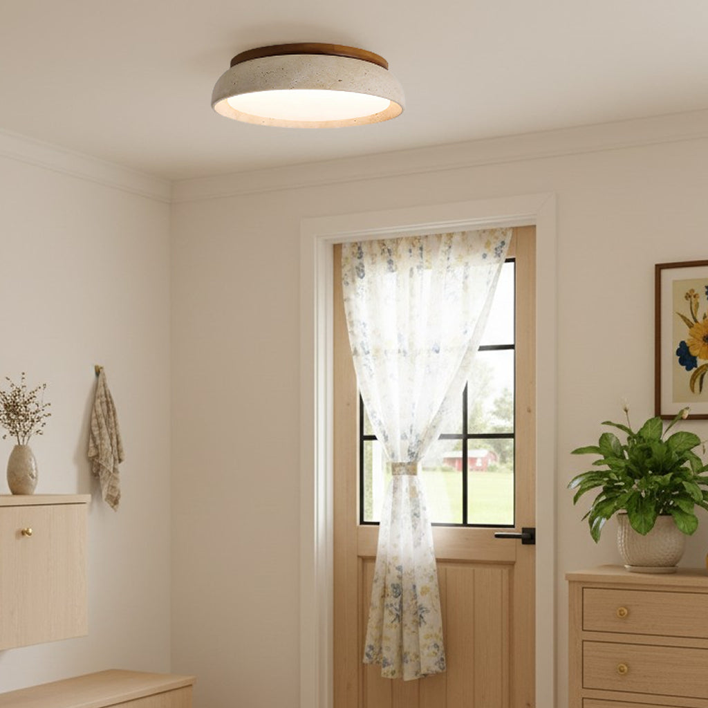 Scandinavian Ceiling Lamp Travertine with Wood Accent — Modern Round Surface-Mounted Spot Natural Stone and Acrylic Built-in LED Lighting Warm White 3000K Bedroom Hallway Entrance Living Room — Ø 30 cm × H 7 cm - Lamylie
