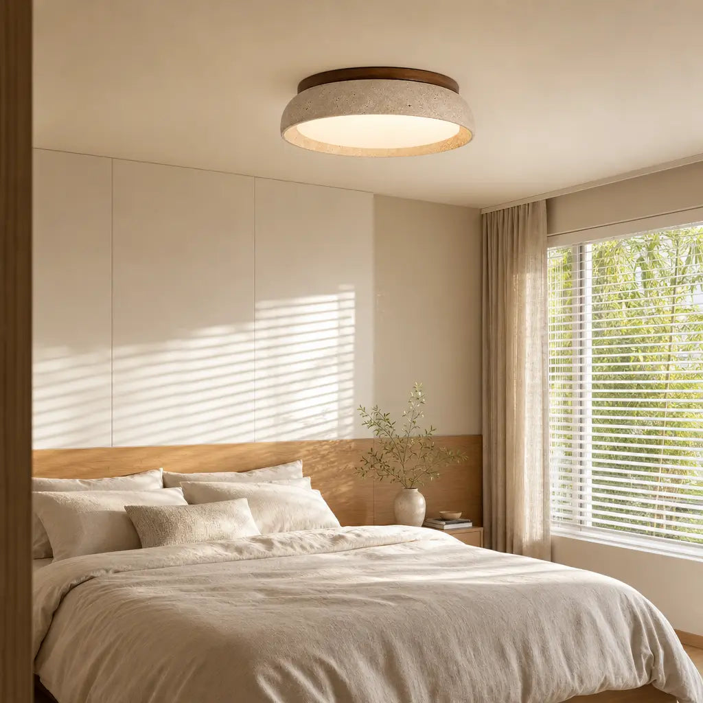 Scandinavian Ceiling Lamp Travertine with Wood Accent — Modern Round Surface-Mounted Spot Natural Stone and Acrylic Built-in LED Lighting Warm White 3000K Bedroom Hallway Entrance Living Room — Ø 30 cm × H 7 cm - Lamylie
