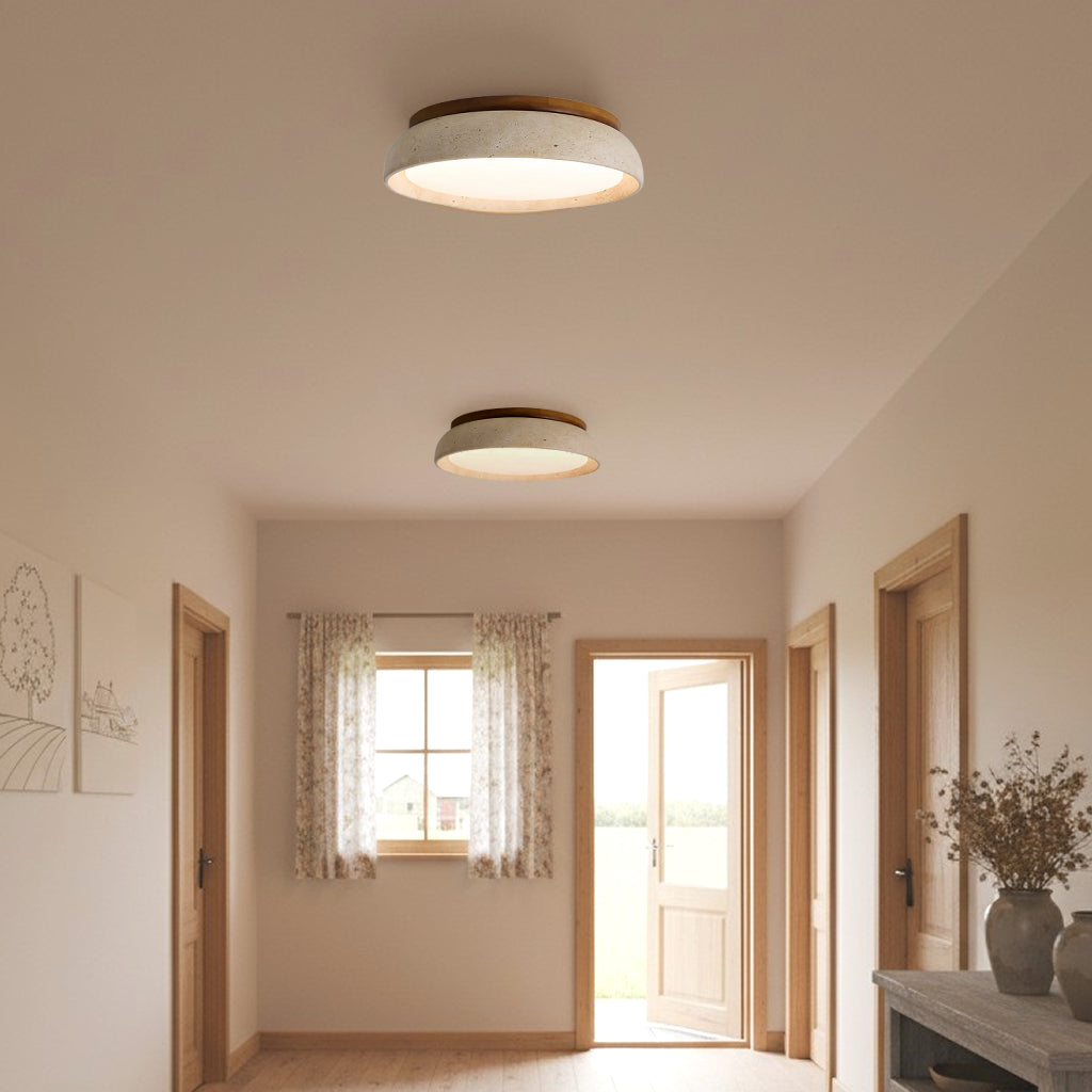 Scandinavian Ceiling Lamp Travertine with Wood Accent — Modern Round Surface-Mounted Spot Natural Stone and Acrylic Built-in LED Lighting Warm White 3000K Bedroom Hallway Entrance Living Room — Ø 30 cm × H 7 cm - Lamylie