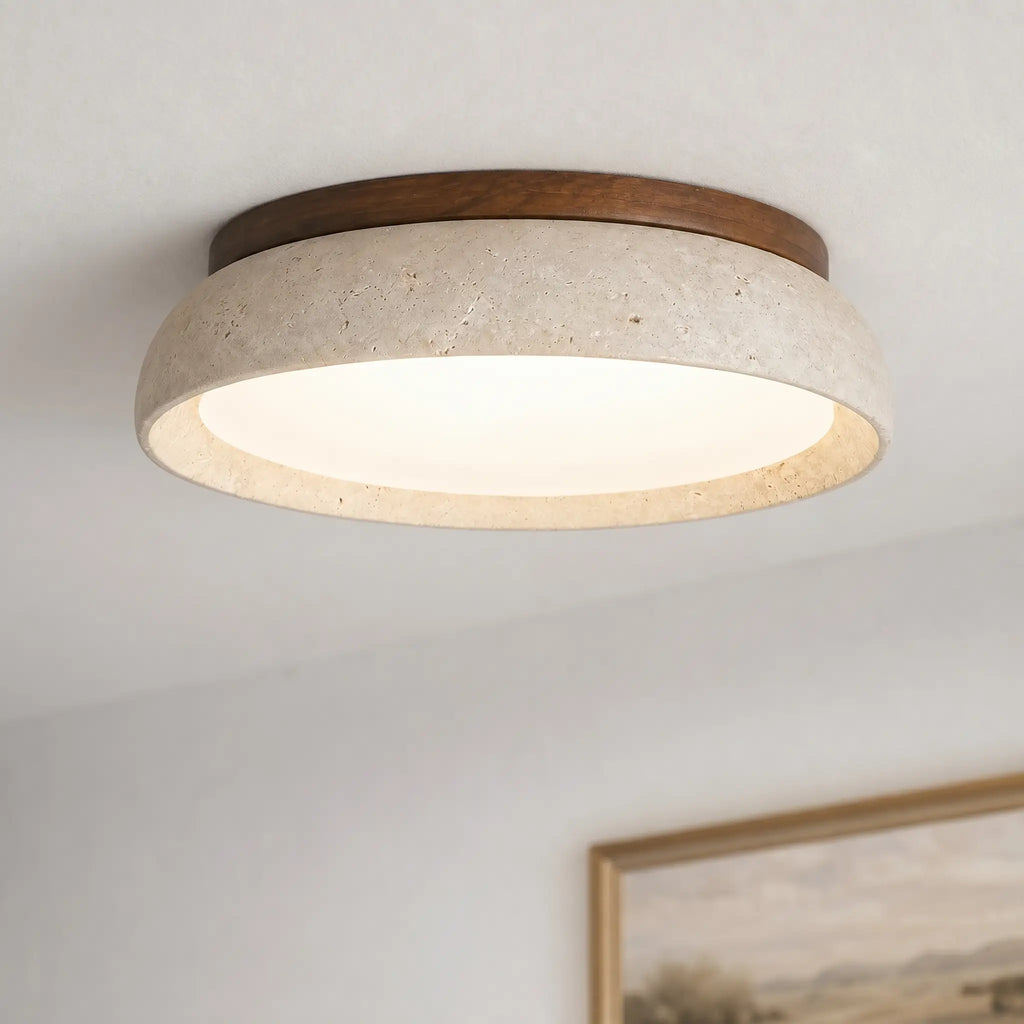 Scandinavian Ceiling Lamp Travertine with Wood Accent — Modern Round Surface-Mounted Spot Natural Stone and Acrylic Built-in LED Lighting Warm White 3000K Bedroom Hallway Entrance Living Room — Ø 30 cm × H 7 cm - Lamylie