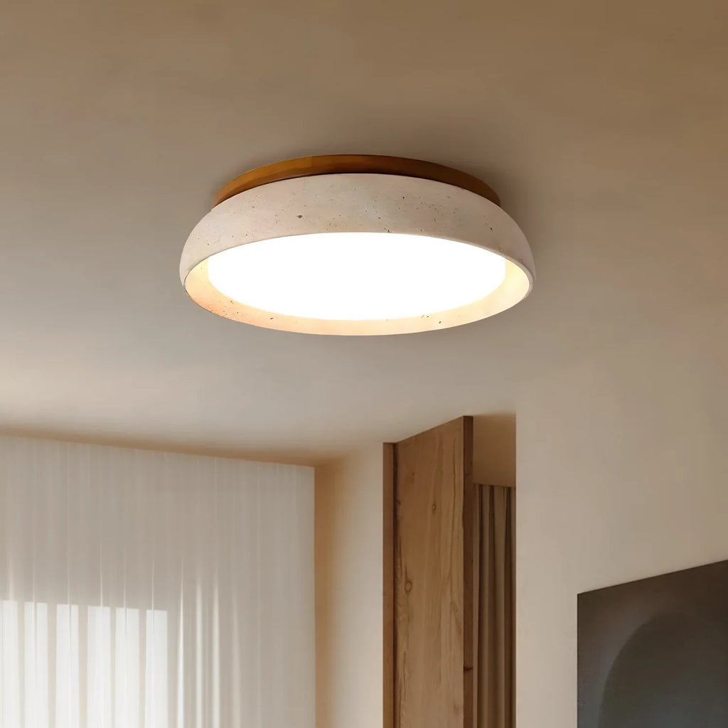 Scandinavian Ceiling Lamp Travertine with Wood Accent — Modern Round Surface-Mounted Spot Natural Stone and Acrylic Built-in LED Lighting Warm White 3000K Bedroom Hallway Entrance Living Room — Ø 30 cm × H 7 cm - Lamylie