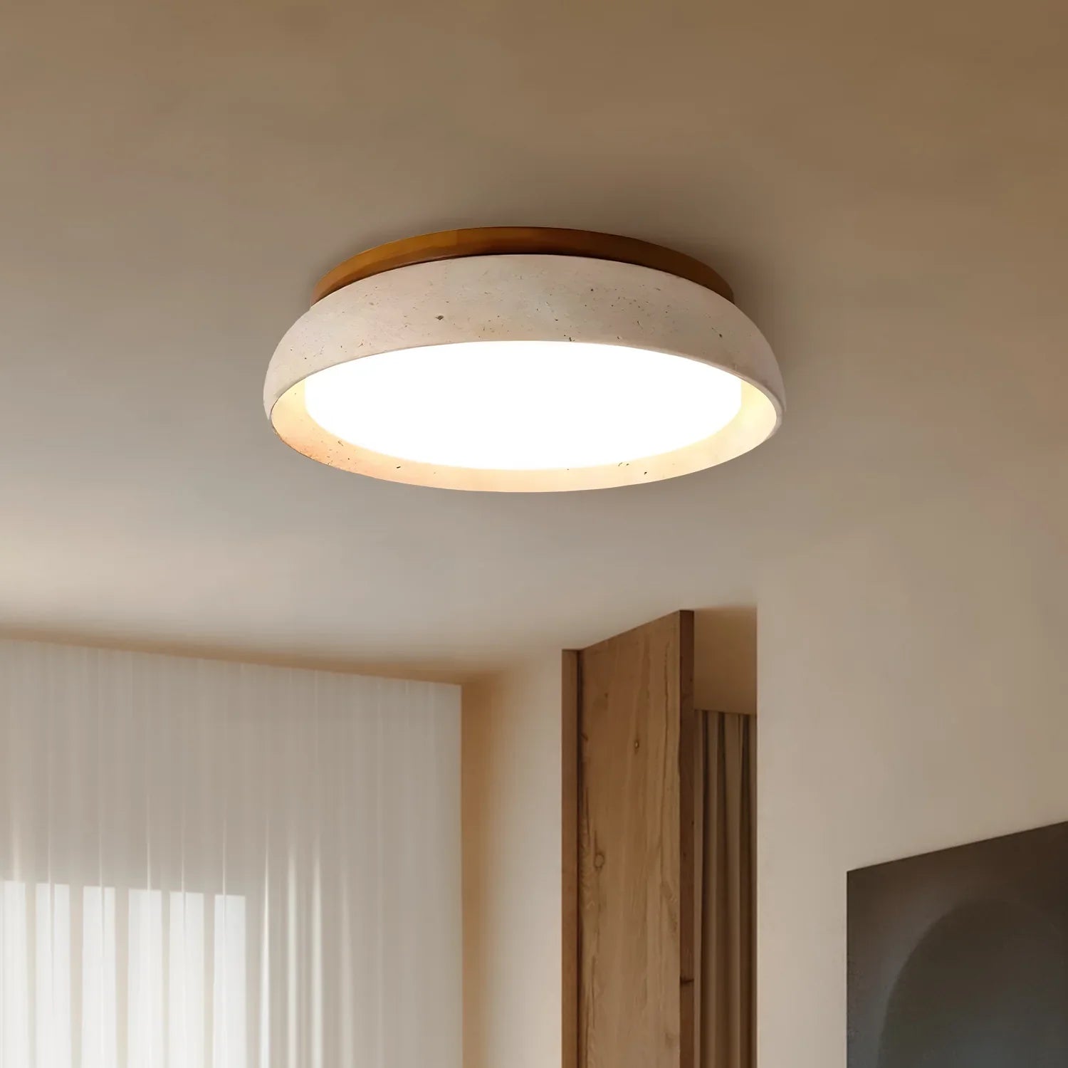 Scandinavian Ceiling Lamp Travertine with Wood Accent — Modern Round Surface-Mounted Spot Natural Stone and Acrylic Built-in LED Lighting Warm White 3000K Bedroom Hallway Entrance Living Room — Ø 30 cm × H 7 cm - Lamylie