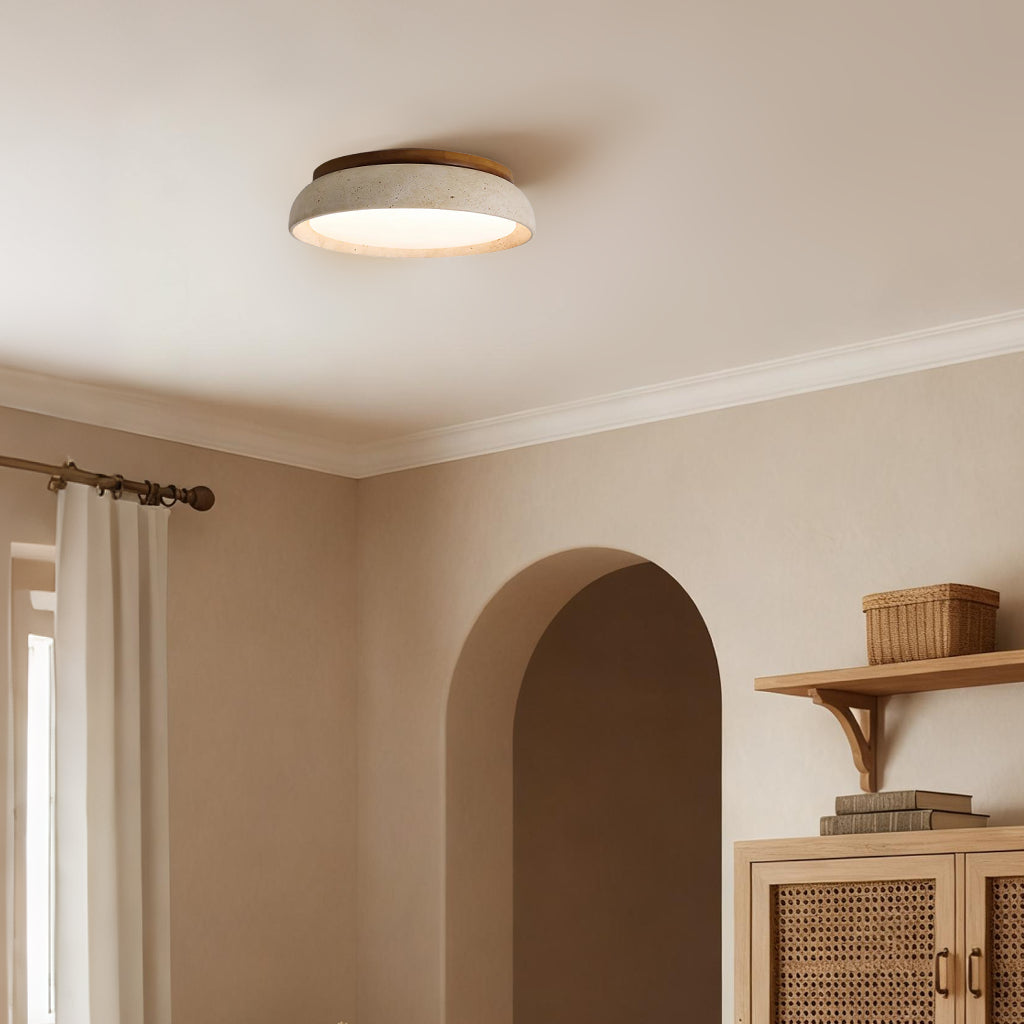 Scandinavian Ceiling Lamp Travertine with Wood Accent — Modern Round Surface-Mounted Spot Natural Stone and Acrylic Built-in LED Lighting Warm White 3000K Bedroom Hallway Entrance Living Room — Ø 30 cm × H 7 cm - Lamylie