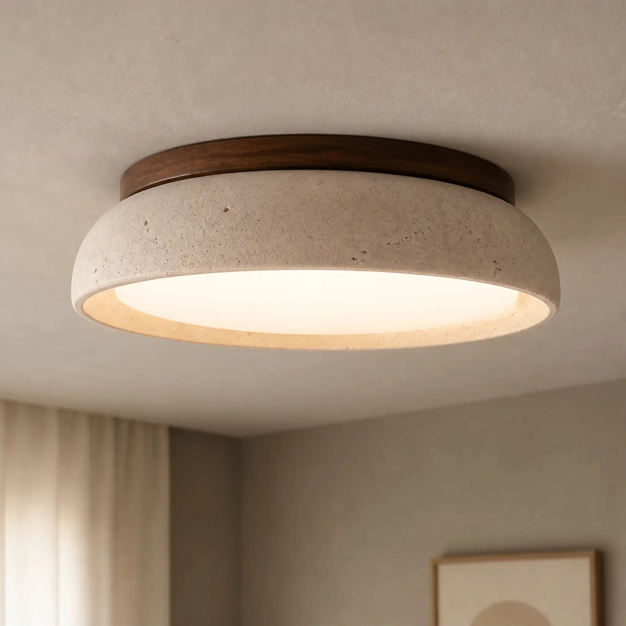 Scandinavian Ceiling Lamp Travertine with Wood Accent — Modern Round Surface-Mounted Spot Natural Stone and Acrylic Built-in LED Lighting Warm White 3000K Bedroom Hallway Entrance Living Room — Ø 30 cm × H 7 cm - Lamylie