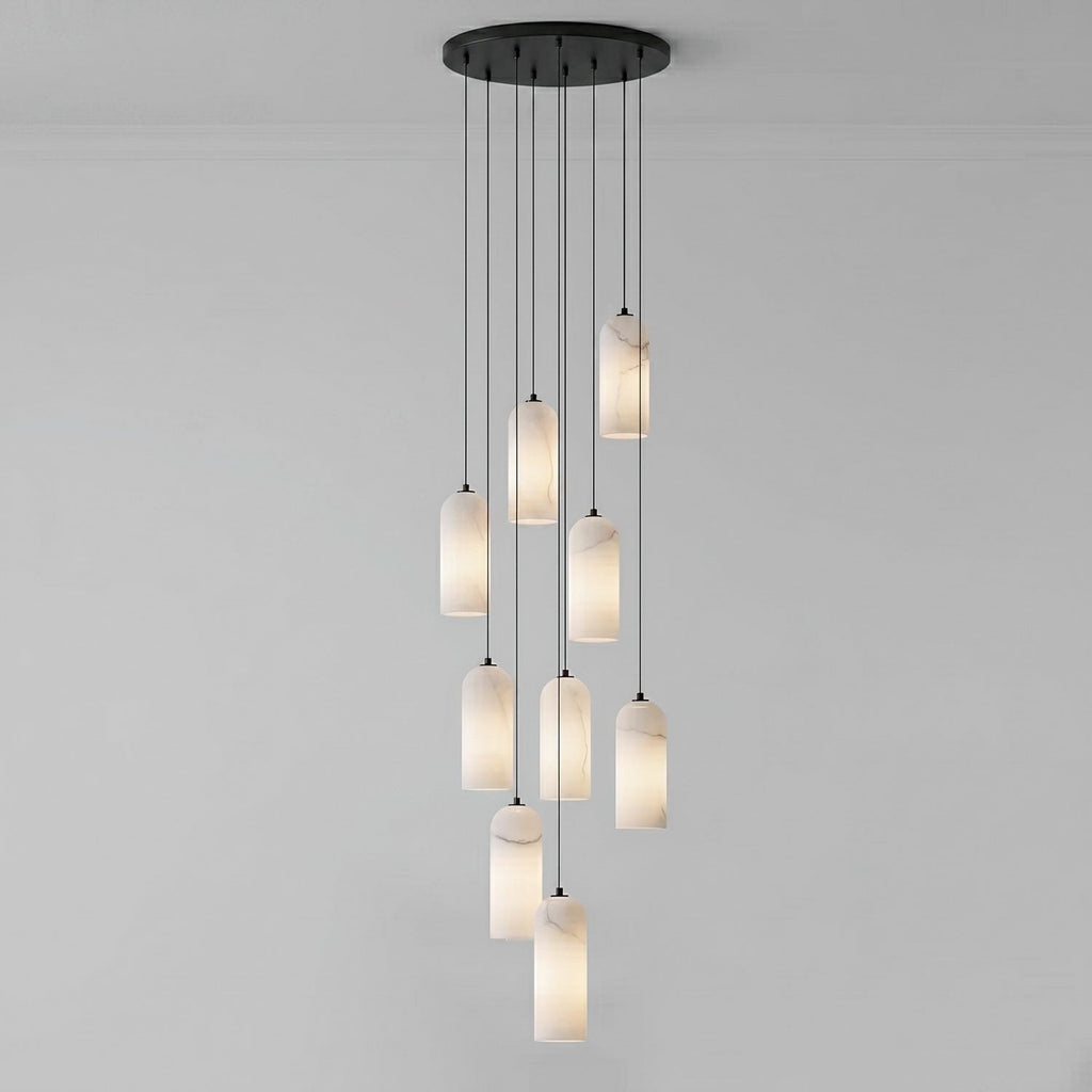 Alabaster Pendant Lamp with Braided Cord | Natural Stone Lighting from Single Light to 21-Light Cluster | Mid-Century Modern Style Dining Room Pendant Lamp with E12/E14 Fitting - Lamylie