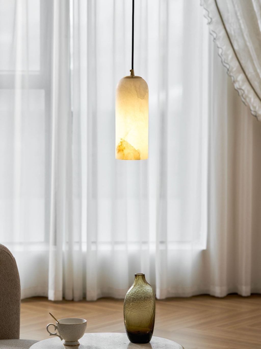 Alabaster Pendant Lamp with Braided Cord | Natural Stone Lighting from Single Light to 21-Light Cluster | Mid-Century Modern Style Dining Room Pendant Lamp with E12/E14 Fitting - Lamylie