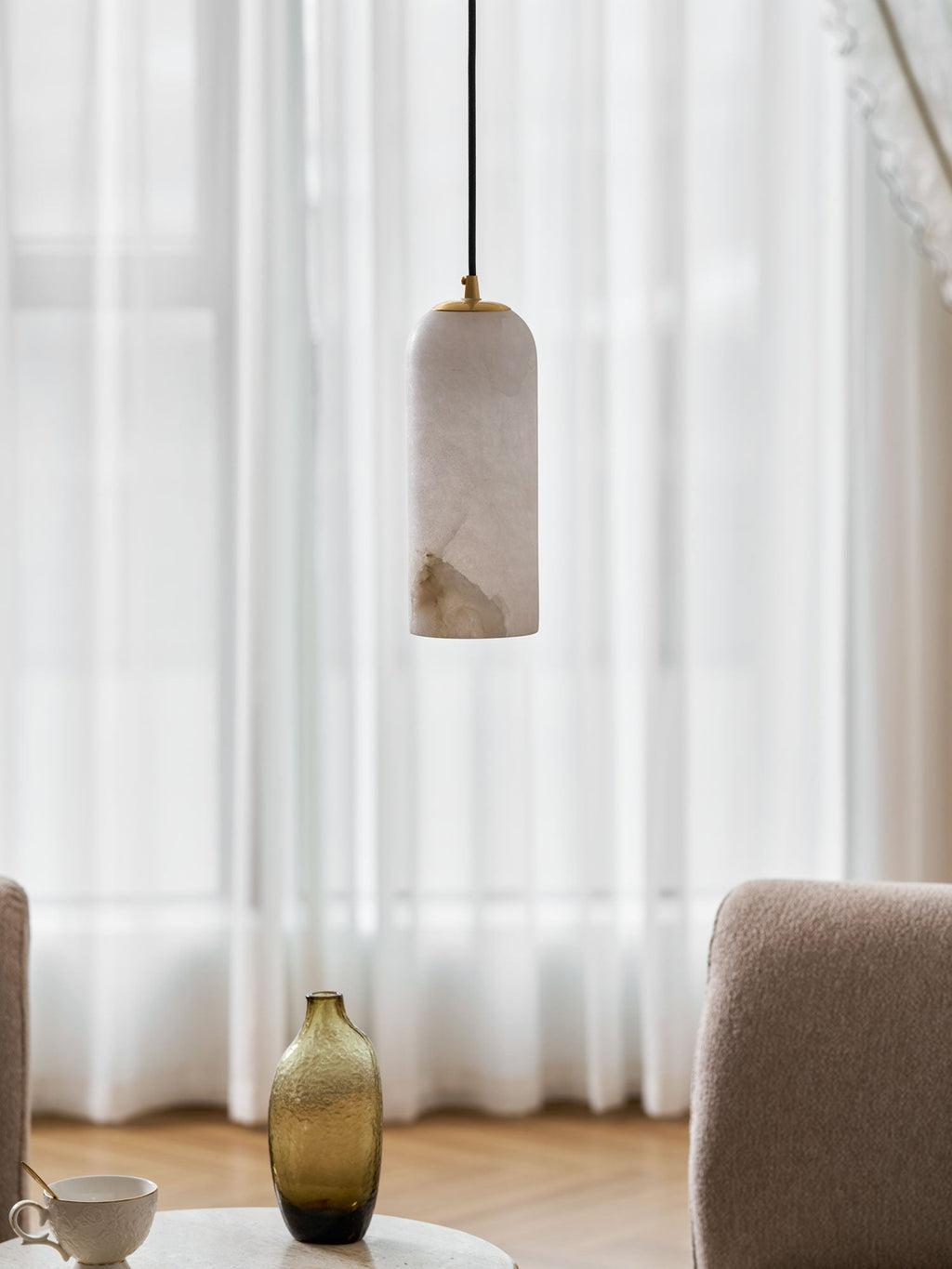 Alabaster Pendant Lamp with Braided Cord | Natural Stone Lighting from Single Light to 21-Light Cluster | Mid-Century Modern Style Dining Room Pendant Lamp with E12/E14 Fitting - Lamylie